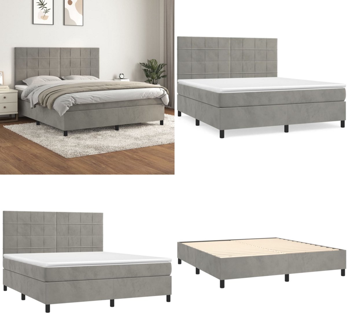 vidaXL Boxspring met matras fluweel lichtgrijs 160x200 cm - Boxspring - Boxsprings - Bed - Slaapmeubel