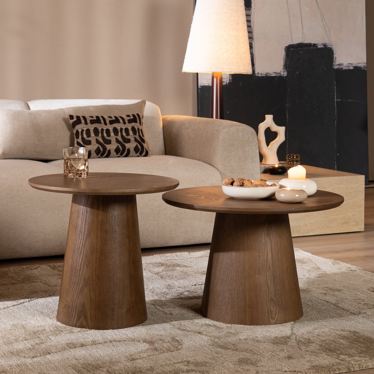 Bronx71 Salontafels Ash set van 2 Ø50 en Ø62 cm rustiek eiken - Salontafel rond Bruin
