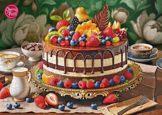 1000 stukjes puzzel met chocoladetaart, versierd met fruit, mokken koffie en chocolade.