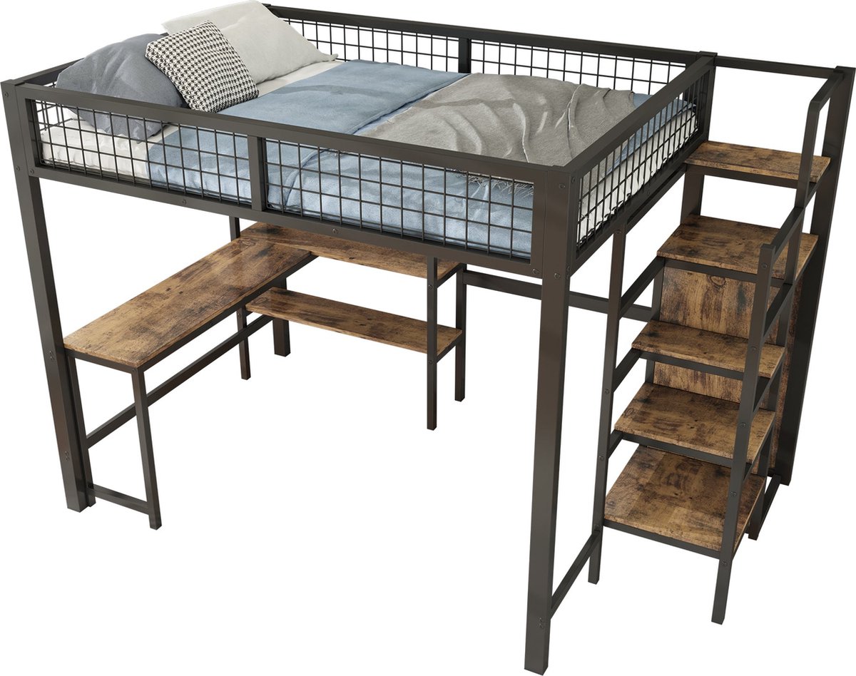 Merax Hoogslaper 140x200 cm – Metalen Bed met Bureau - Regalen - Ingebouwde Kast en Opbergruimte – Zwart/Donkerbruin Zwart; Bruin