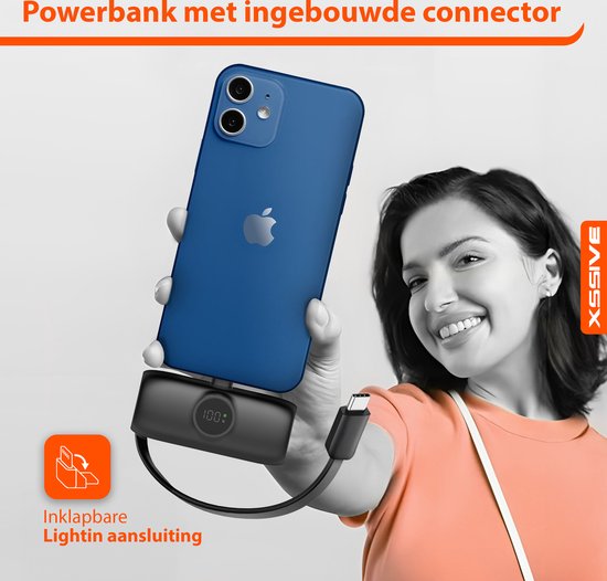 Mini Powerbank 5000 mAh - Compatible avec iPhone 14 Pro Max / iPad avec port Lightning - Chargeur rapide USB C 20 W intégré pour iPhone 16 Pro Max - Chargeur Fast 20 W - Compact et léger - Zwart