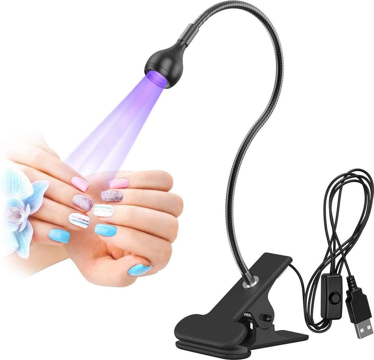 UV-lijm uithardingslamp Nageldroger LED Nagellamp 3W USB-lijmlamp Ultraviolet Violet Licht met Clip en Schakelaar - Zwart - professionele nagelverzorging