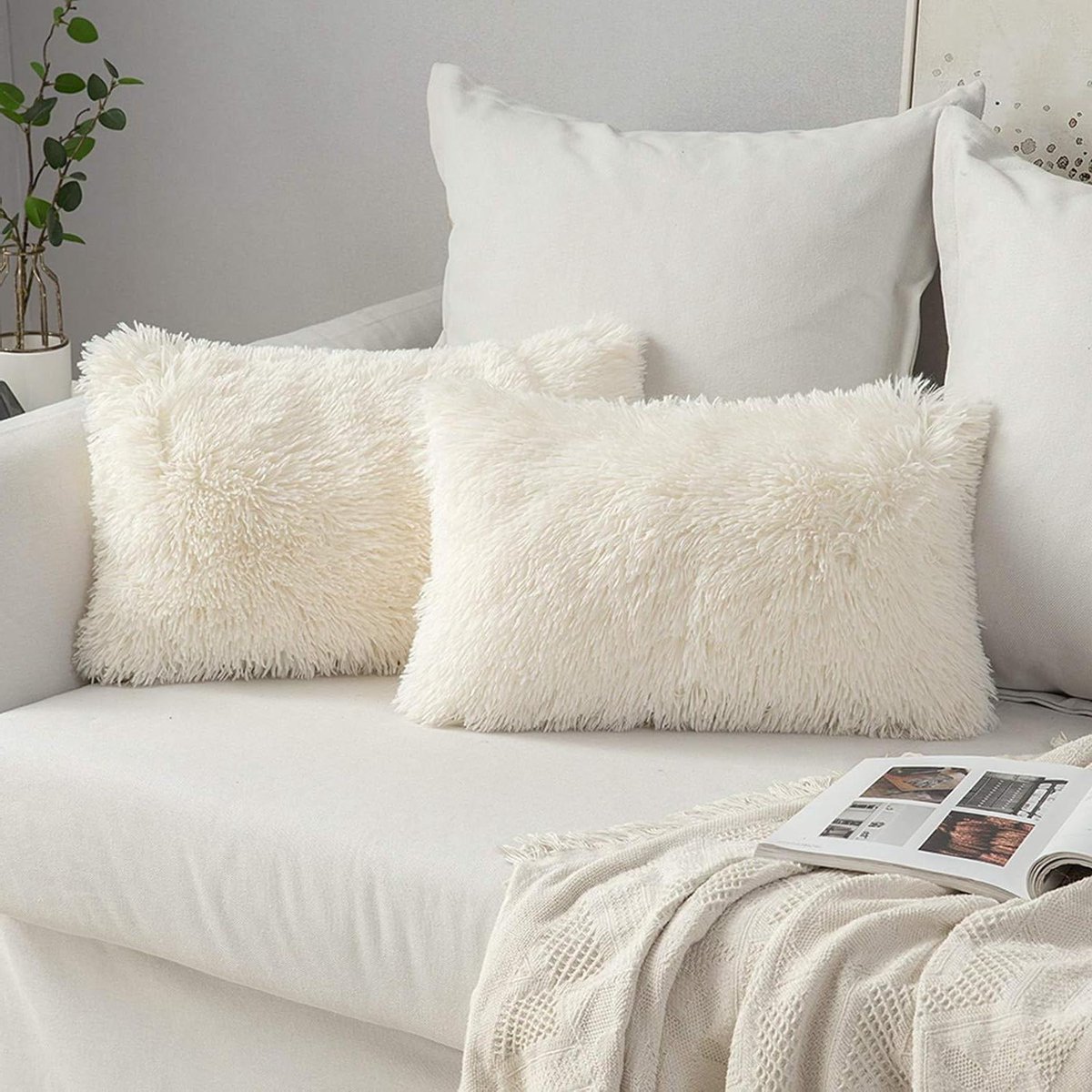 Kussenslopen imitatiebont pluizig zacht decoratief vierkante pluchen hoezen kunstbont woonkamer bank slaapkamer 30 x 50 cm crème wit