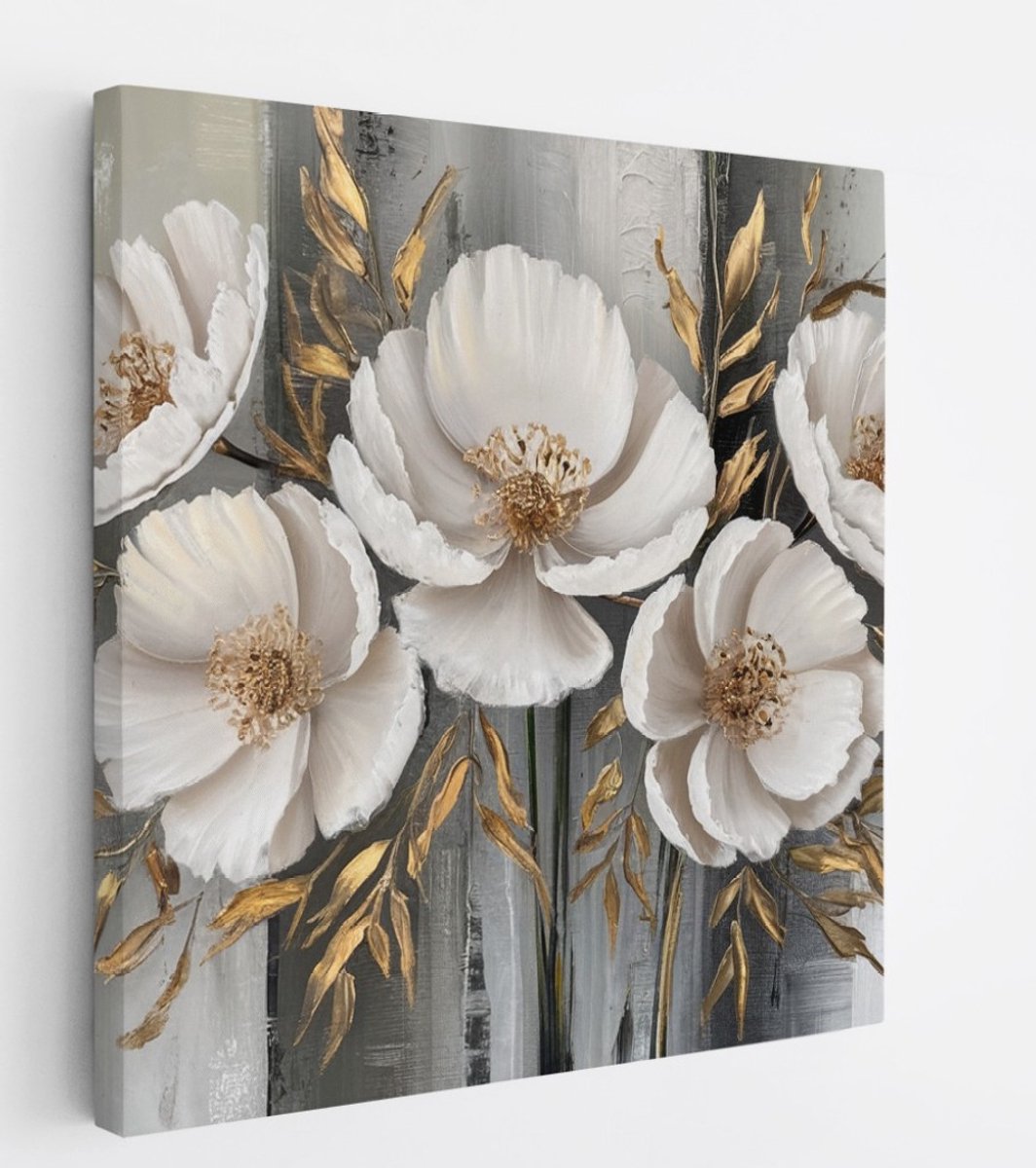 Saammp Canvas Schilderij - Abstracte bloemen met goud - 40x40 - Foto op canvas - Wanddecoratie - Muurdecoratie Woonkamer - Kantoor Decoratie Multicolor