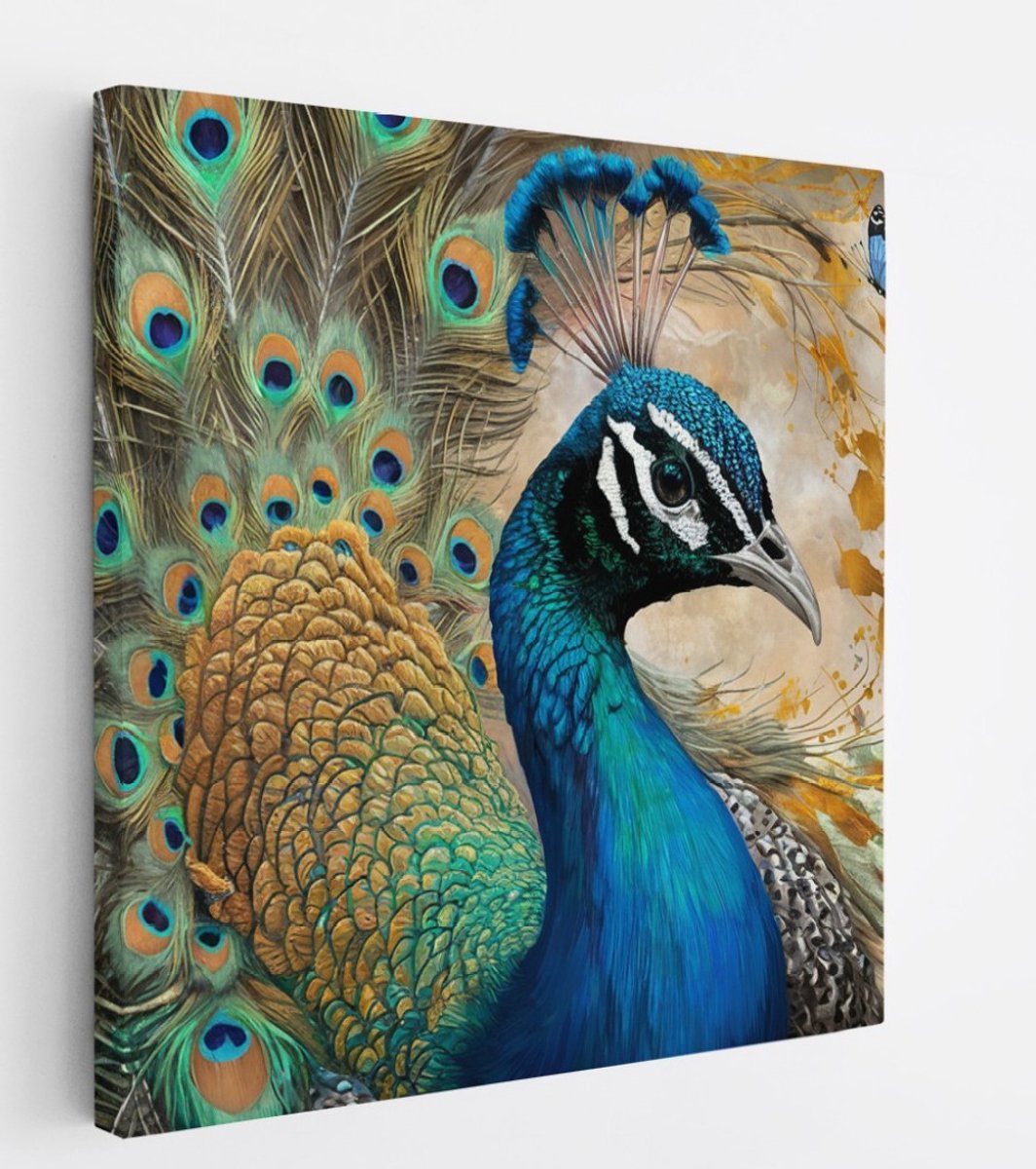 Saammp Canvas Schilderij - Pauw met vlinders - Dieren - Natuur - 60x60 - Foto op canvas - Wanddecoratie - muurdecoratie Woonkamer - Slaapkamer decoratie - Canvas Print Multicolor
