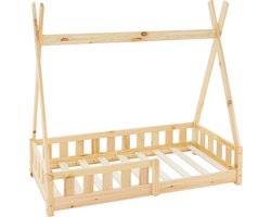 ML-Design kinderbed tipi 70x140 cm naturel massief grenen hout met lattenbodem en uitvalbeveiliging huisbed in de vorm van een indianentipi geschikt als kinderhuis jeugdbed houten bed en speelbed ideaal als kinderbed tent voor jongens en meisjes