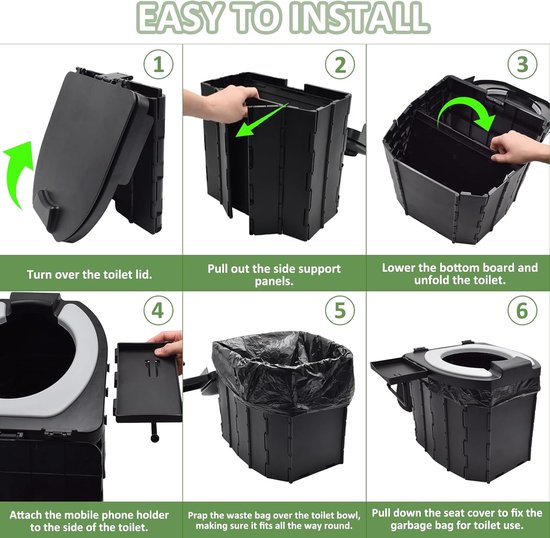 Draagbaar toilet voor kamperen met Zachte PU-toiletbril - campingtoiletten met afbreekbare zakjes- mobiel toilet met telefoonhouder-Camping sanitair - Met Deksel - Camping wc - Draagbare WC Emmer Volwassen - Draagbaar Toilet - Opvouwbaar toilet van Sunglory — afbeelding 4