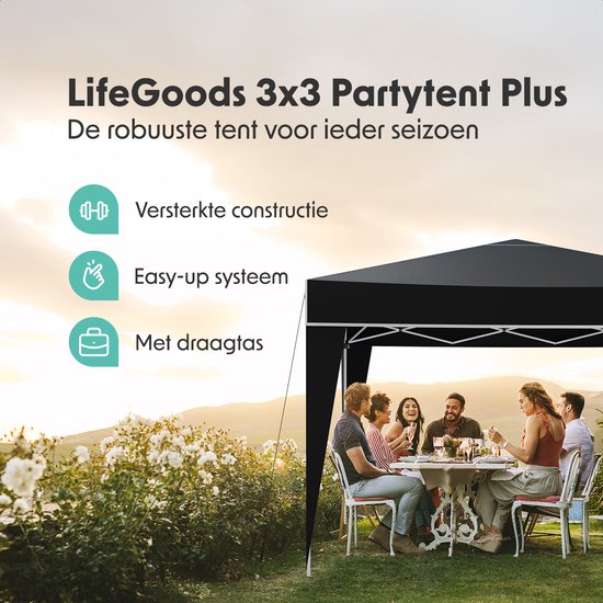 Een groep mensen geniet van een picknick onder een zwarte LifeGoods partytent. Tekst "LifeGoods 3x3 Partytent Plus" en "De robuuste tent voor ieder seizoen" is zichtbaar.