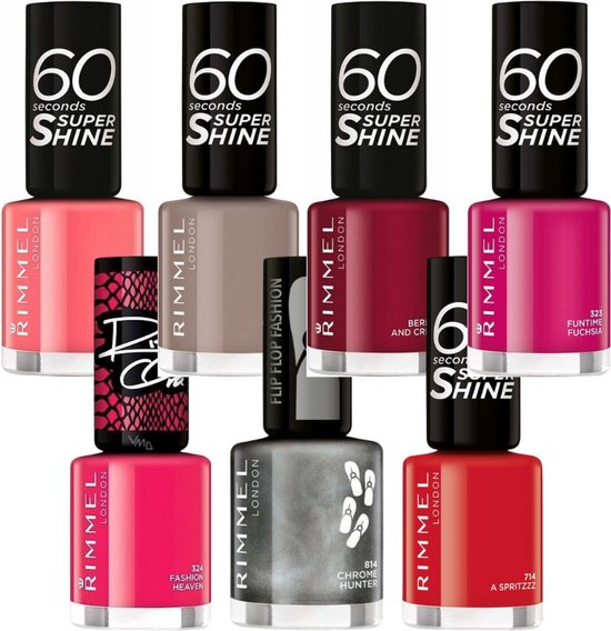 Set van Rimmel London 60 Seconds Super Shine nagellakken in diverse kleuren.