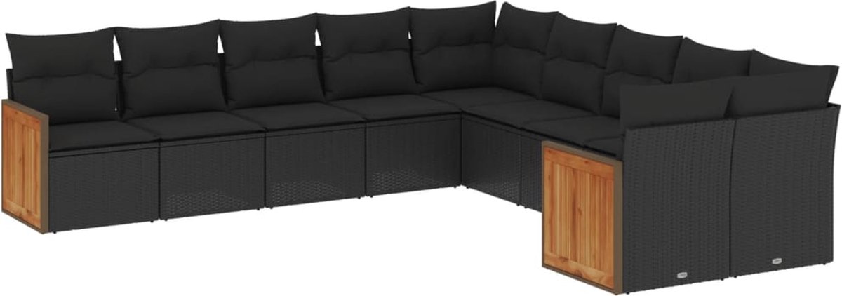 The Living Store 10-delige Loungeset met kussens poly rattan zwart - Loungeset - Tuinset - Buitendecoratie - Pe Rattan - Zwarte Lounge