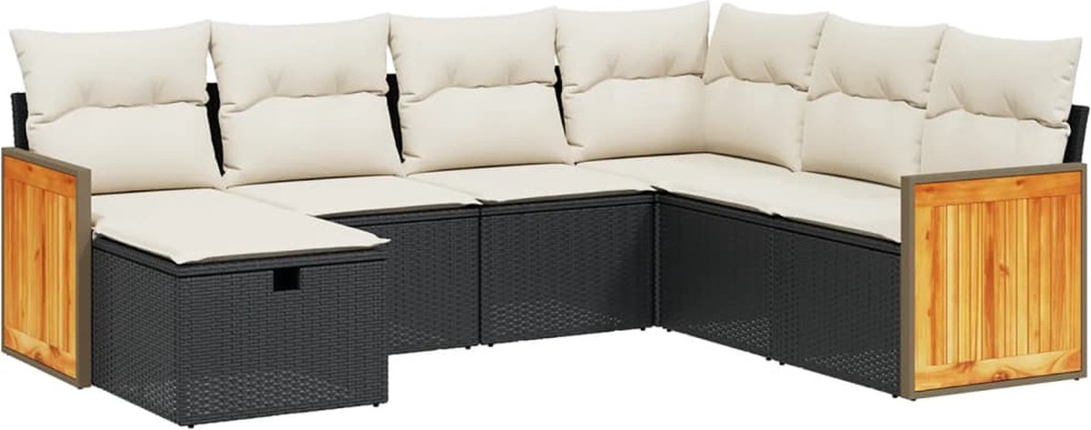 The Living Store 7-delige Loungeset met kussens poly rattan zwart - Loungeset - Tuinset - Lounge - Outdoor Furniture - Tuinmeubels