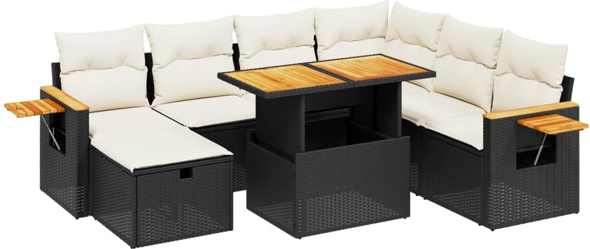 Zwarte poly rattan loungeset met kussens en acaciahouten accenten - The Living Store.