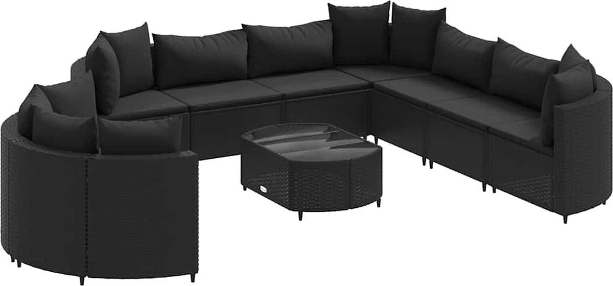 The Living Store 10-delige Loungeset met kussens poly rattan zwart - Loungebank - Lounge Set - Buitendecoratie - Tuinmeubels - Tuinlounge