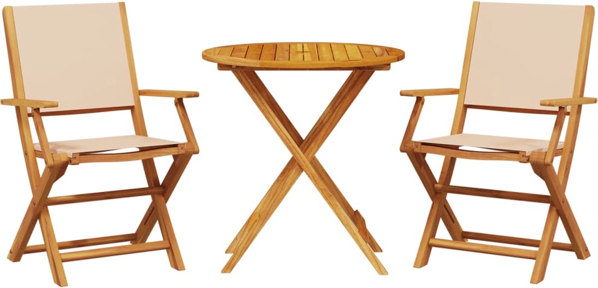 Tuinbistroset in beige stof en massief hout met acaciahouten elementen.