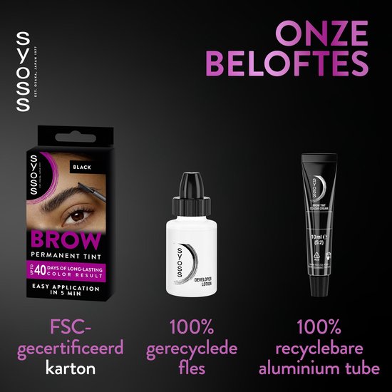 Syoss Brow Tint Zwart verpakking, ontwikkellotion flesje en aluminium tube. Duurzaamheid beloftes.