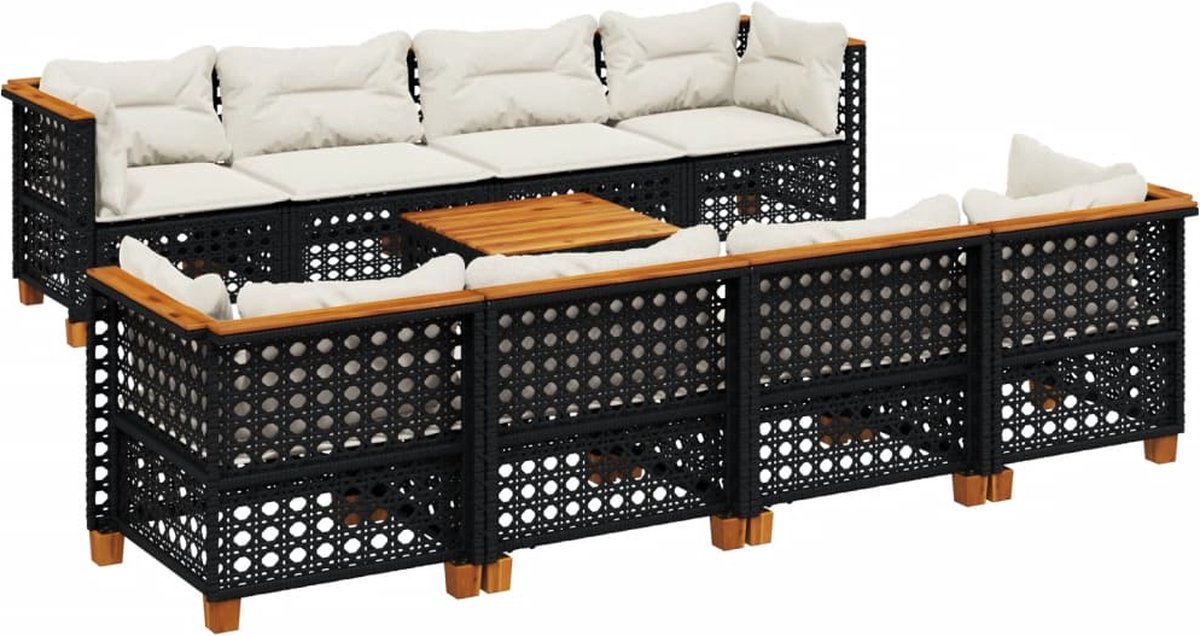 The Living Store 9-delige Loungeset met kussens poly rattan zwart - Loungeset - Tuinmeubels - Lounge Set - Buitendecoratie - Outdoor Furniture