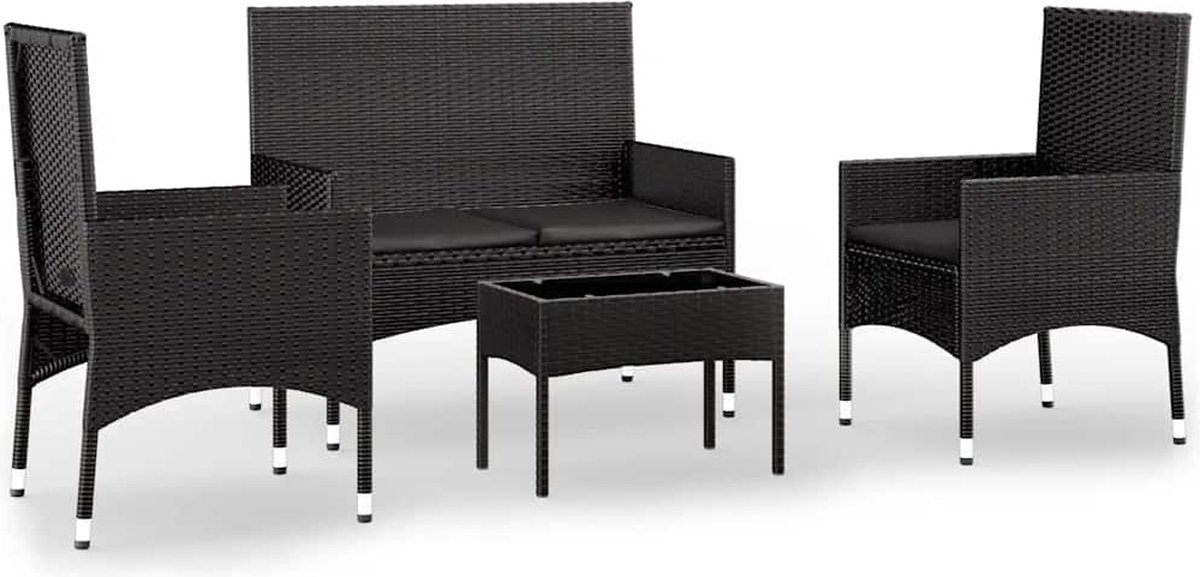 The Living Store 4-delige Loungeset met kussens poly rattan zwart - Loungeset - Lounge Set - Buisensets - Tuinset - Outdoor Furniture