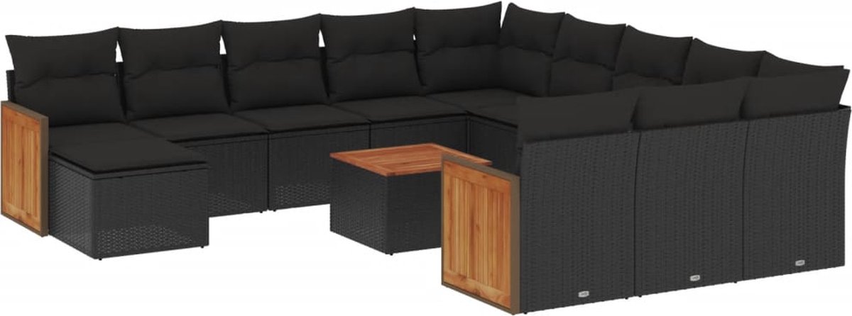 The Living Store 13-delige Loungeset met kussens poly rattan zwart - Loungeset - Tuinmeubels - Lounge Set - Outdoor Furniture - Zwarte Loungebank