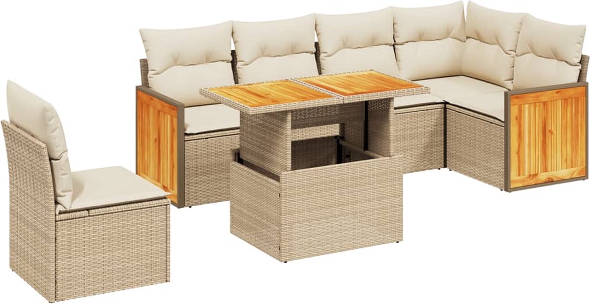 The Living Store 7-delige Loungeset met kussens poly rattan beige - Loungebank - Tuinlounge - Lounge Set - Buitendiner - Terrassenset