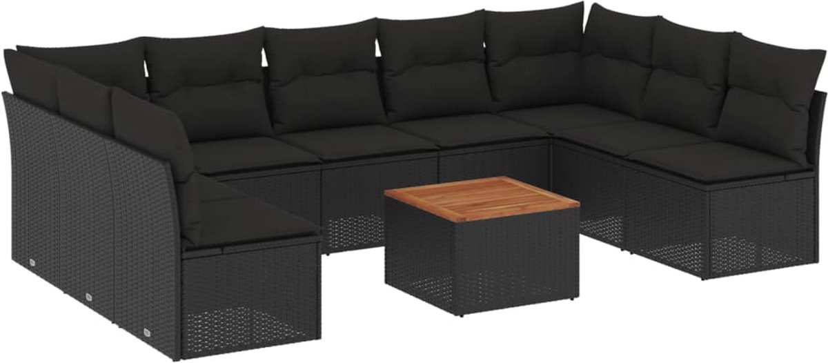 The Living Store 10-delige Loungeset met kussens poly rattan zwart - Loungebank - Loungeset - Buitendecoratie - Tuinmeubels - Pe Rattan