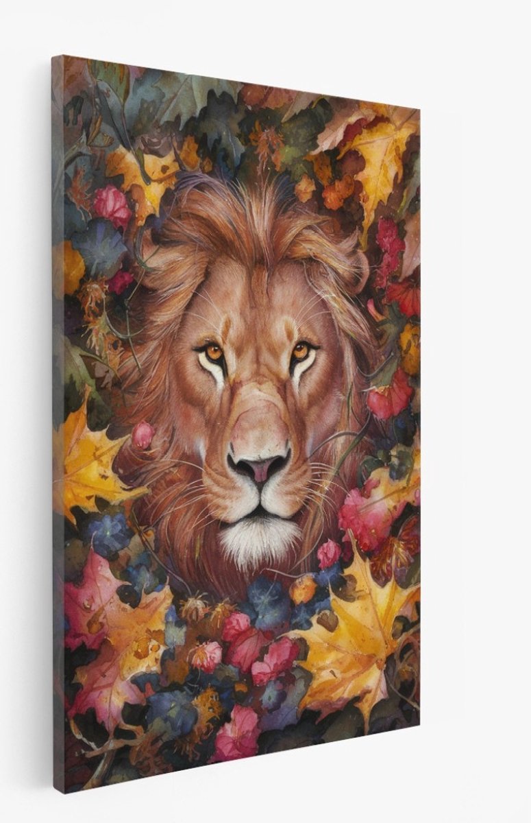 Saammp Canvas Schilderij - Abstracte Leeuw tussen de herfstbladeren - Dieren - 75x100 - Foto op canvas - Wanddecoratie - Muurdecoratie Woonkamer - Slaapkamer decoratie - Canvas Print Multicolor