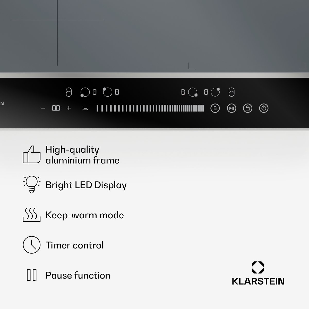 Klarstein DualTone Hybride inductiekookplaat - 4-zones inductiekookplaat, 7200 W, Flex-zone & booster, Schuifregelaar, Timer, Warmhoudfunctie, Aluminium frame, Zilver, 60 cm design