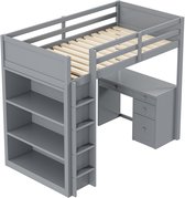Merax Hoogslaper 90x200 cm met Bureau en Opbergruimte – Houten Bed – Grijs – Multifunctioneel Kinderbed