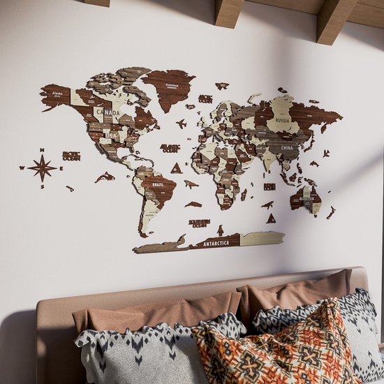 Décoration murale - Wereldkaart - Wereldkaart en bois - Wereldkaart 3D en bois - Tableau d' Wereldkaart - Mixte - Medium