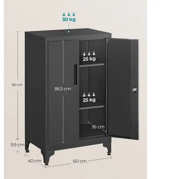 Grijze metalen kast met afmetingen 90x60x40cm, open deur, planken met 25kg draagkracht.