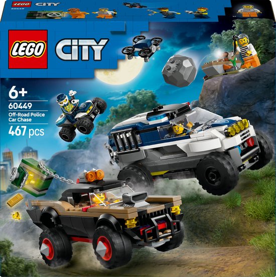 LEGO® City Offroad Politieachtervolging Voertuigset, Cadeau voor Kinderen Vanaf 6 Jaar met Terreinwagen, Quad, Drone, Pick-Uptruck, Minifiguren van Politieagenten en Boeven 60449