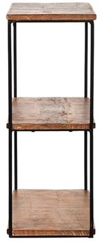 Smal, drieplank wandrek van mangohout met een donker metalen frame, van voren gefotografeerd.