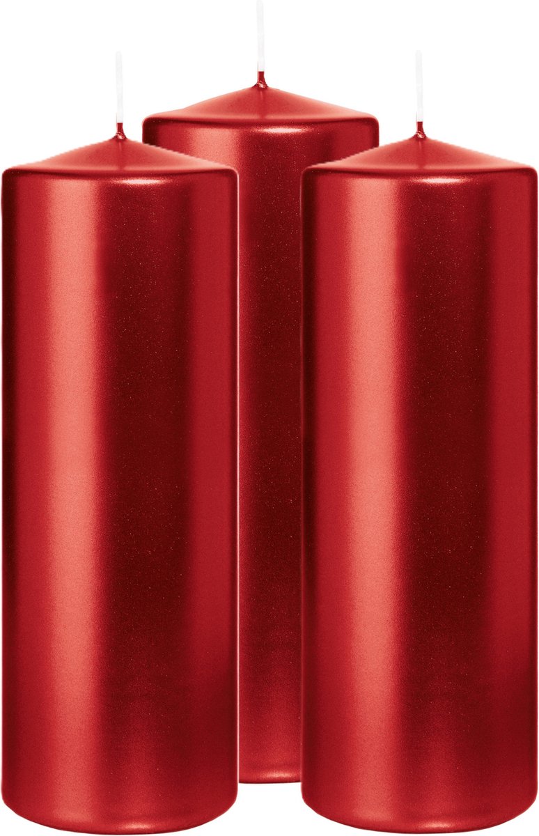 Wiedemann Cilinderkaars/stompkaars - 3x - metallic rood - 20 x 7 cm - 103 branduren - zuilkaarsen