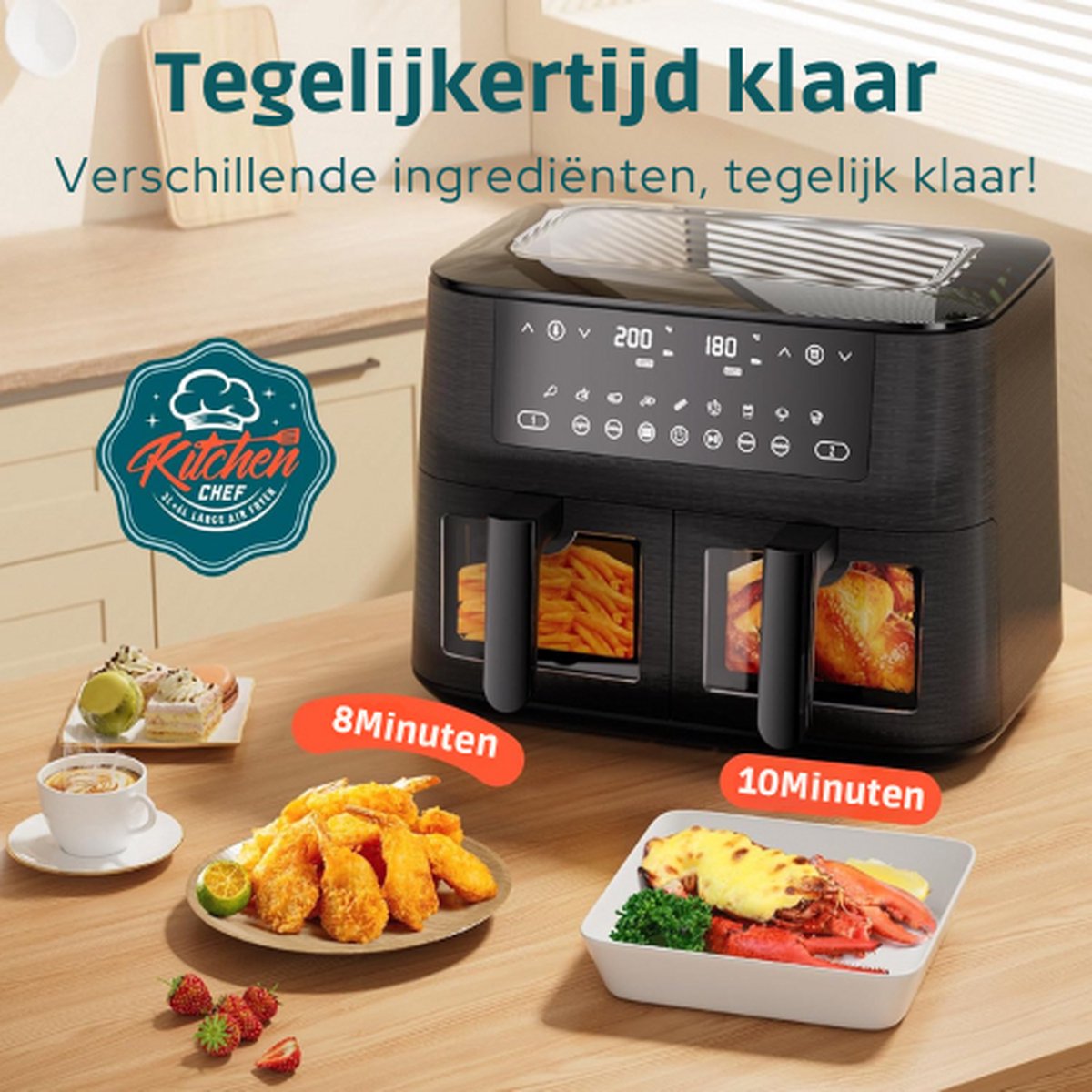 Afbeelding 3 van Airfryer - Airfryers - Heteluchtfriteuse - 2 Frituurmanden - Dual Zone - Automatische Uitschakeling - Sync-Finish, Touch-Bediening - Energiezuinig - 9 Kookprogramma's - Antikleeflaag - Bodem Met Antislip - Oververhittingsbeveiliging - BPA-Vrij