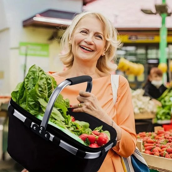 JulianWare Panier de pique-nique pliable - Panier de pique-nique avec compartiment réfrigérant - Sac isotherme pliable - Panier de courses étanche - Sac de pique-nique - Zwart