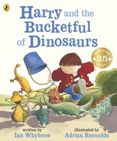 Harry en de Bucketful of Dinosaurs boekillustratie met een jongen, een emmer en dinosaurussen. Geschreven door Ian Whybrow, geïllustreerd door Adrian Reynolds. V4.2