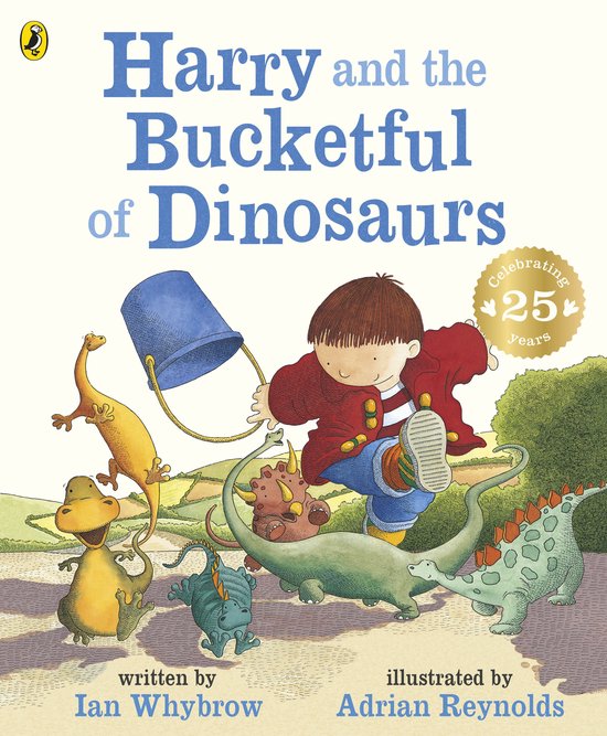Harry en de Bucketful of Dinosaurs boekillustratie met een jongen, een emmer en dinosaurussen. Geschreven door Ian Whybrow, geïllustreerd door Adrian Reynolds. V4.2