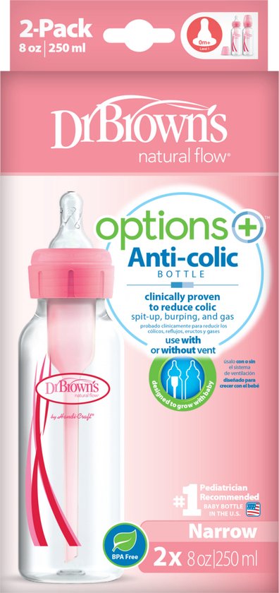 Dr. Brown's Options+ Anti-Colic Babyfles - Smalle halsfles - 250ml - Roze - 2 stuks
