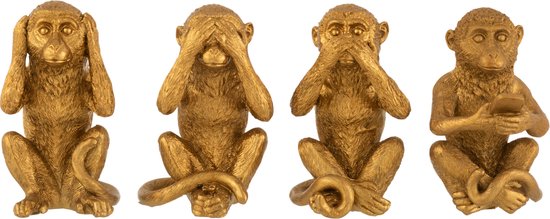 J-Line Aap horen/zien/zwijgen en gsm decoratie - polyresin - goud - 4 stuks