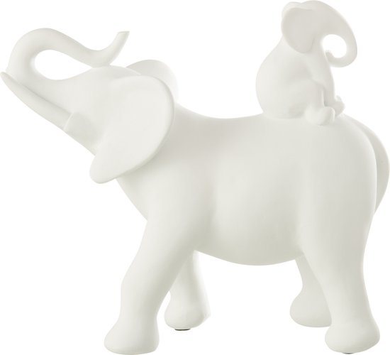 Een witte polyresin decoratie olifant met een baby olifant op zijn rug, de grote olifant kijkt omhoog met zijn slurf omhoog.