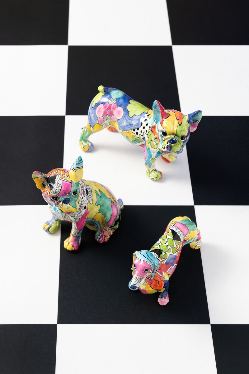 J-Line decoratie Bulldog Ogen Zittend Pop-Art - polyresin - mix - 2 stuks Meerkleurig