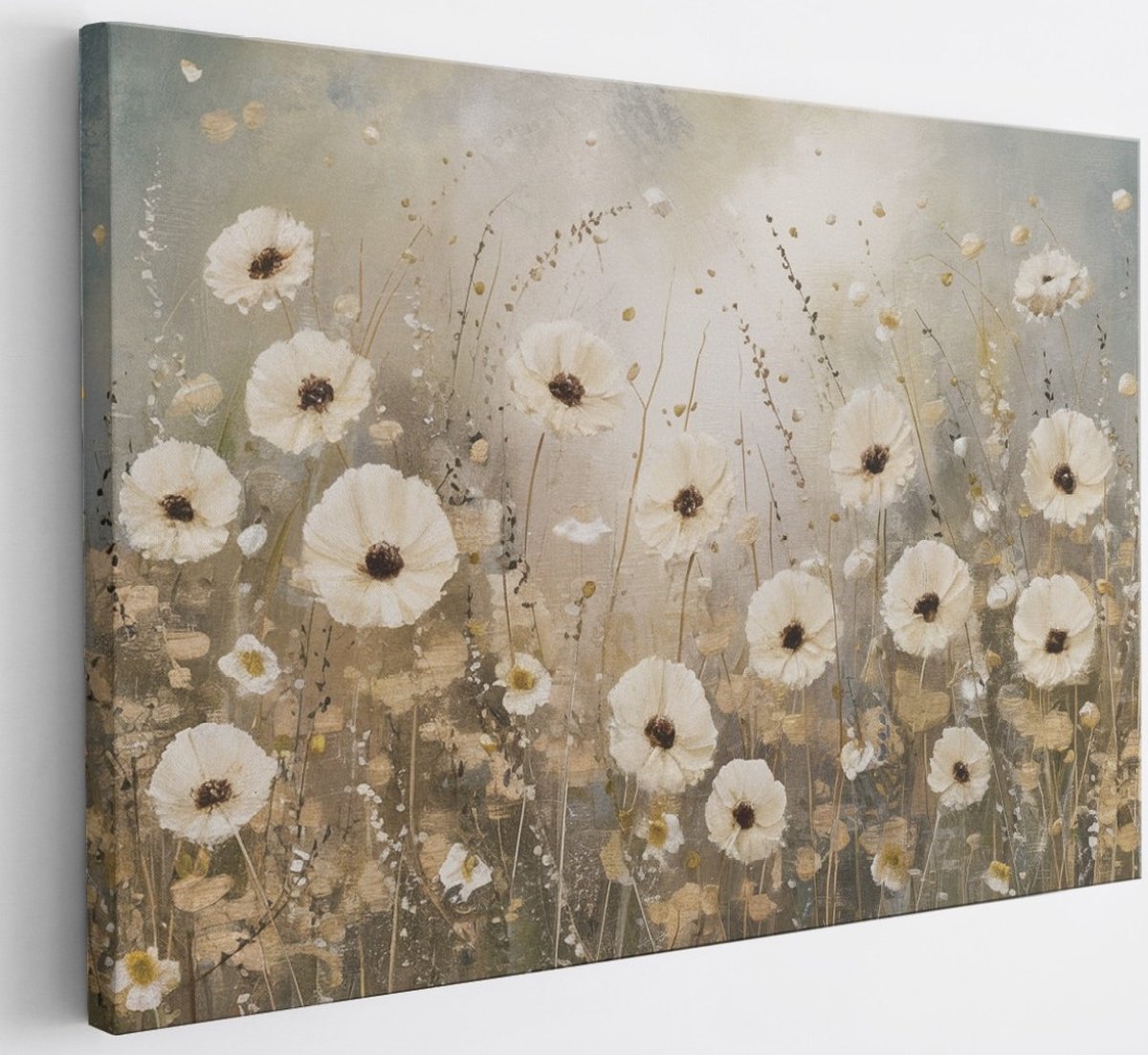Saammp Canvas Schilderij - Witte bloemen - Abstract - 100x75 - Foto op canvas - Wanddecoratie - Muurdecoratie Woonkamer - Slaapkamer decoratie - Canvas Print Multicolor