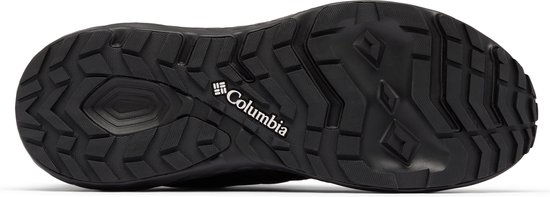 Zwarte Columbia wandelschoen, zool met profiel en Columbia logo.