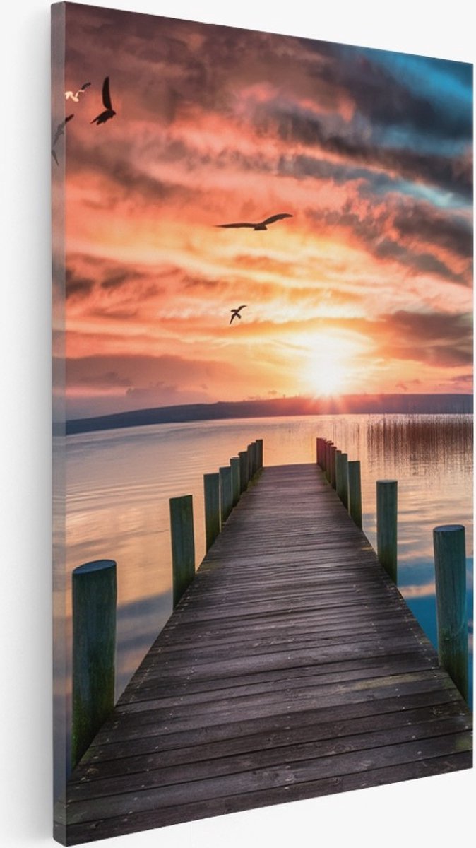 Saammp Canvas Schilderij - Steiger met vogels - Landschap - Natuur - 60x90 - Foto op canvas - Wanddecoratie - Muurdecoratie Woonkamer - Slaapkamer decoratie - Canvas Print Multicolor