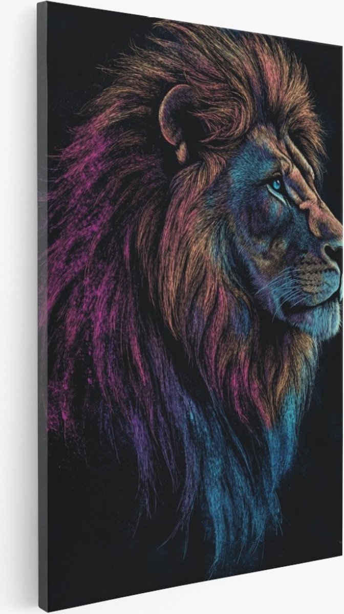 Saammp Canvas Schilderij - Leeuw met gekleurde manen - Natuur - Dieren - 60x90 - Foto op canvas - Wanddecoratie - Muurdecoratie Woonkamer - Slaapkamer decoratie - Canvas Print Multicolor