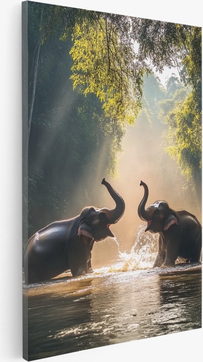 Saammp Canvas Schilderij - 2 spelende olifanten in het water - Dieren - Natuur - 80x120 - Foto op canvas - Wanddecoratie - Muurdecoratie Woonkamer - Slaapkamer decoratie - Canvas Print Multicolor