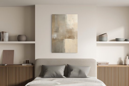 Abstract doek met beige en grijstinten, boven een bed.