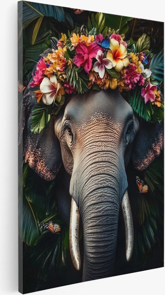 Saammp Canvas Schilderij - Abstracte Olifant met bloemen - Dieren - Natuur - 100x150 - Foto op canvas - Wanddecoratie - Muurdecoratie Woonkamer - Slaapkamer decoratie - Canvas Print Multicolor