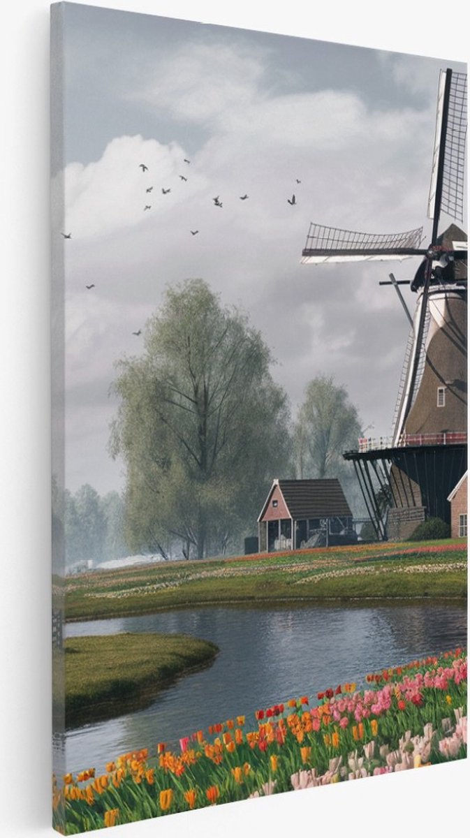 Saammp Canvas Schilderij - Tulpen met molen - Natuur - Landschap - 30x45 - Foto op canvas - Wanddecoratie - Muurdecoratie Woonkamer - Slaapkamer decoratie - Canvas Print Multicolor