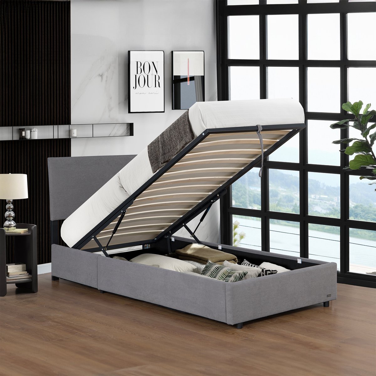 Eenpersoonsbed Juva met lattenbodem en opbergruimte 90x200 cm grijs Corium