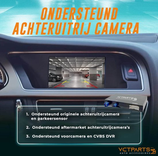 Auto dashboard met een scherm dat een achteruitrijcamera toont, met parkeerlijnen.